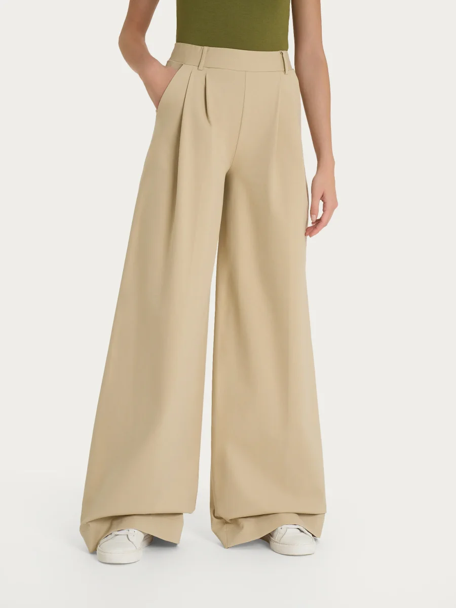 Pantalone lungo a palazzo con tasche e pinces in Compact Light - Irish Cream