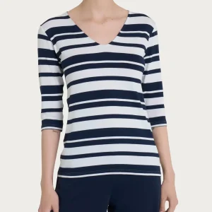 Maglietta con stripes e scollo a V in Viscosa Summer  - Fant. Bleu Riga Alternata