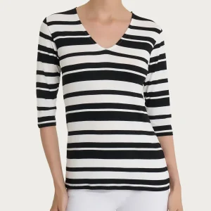 Maglietta con stripes e scollo a V in Viscosa Summer  - Fant. Nero Riga Alternata