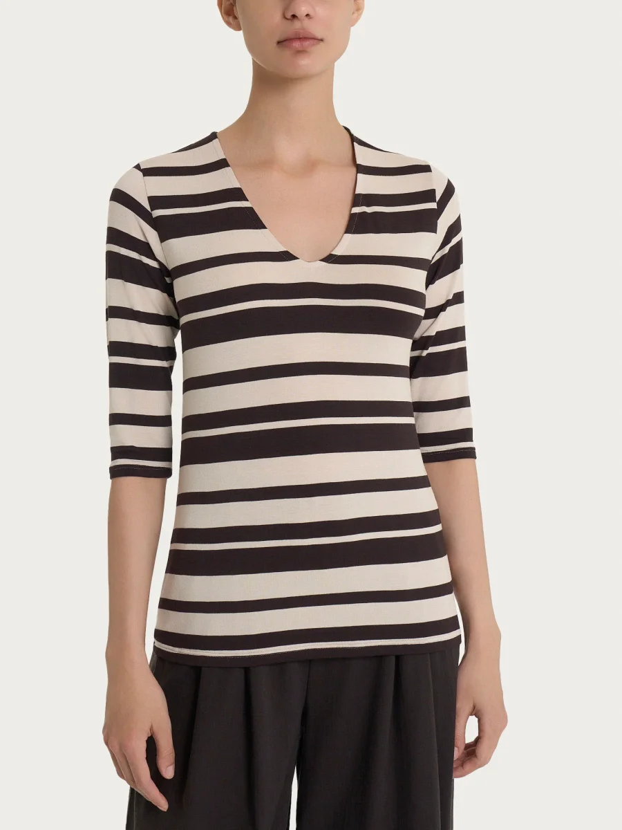 Maglietta con stripes e scollo a V in Viscosa Summer - Fant. Chocolate Torte Riga Alternata - immagine 2