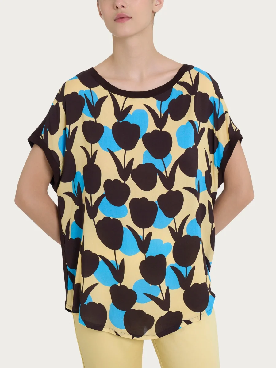 Maglietta con macro tulips pattern in Misto Viscosa - Fant. Azure Blue