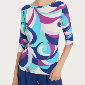 Maglietta girocollo con waves pattern in Viscosa Summer - Fant. Pool Blue