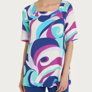 Maglietta con scollo squadrato e waves pattern in Viscosa Summer - Fant. Pool Blue