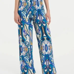 Pantalone ampio con arricciatura in fantasia in Ecoseta - Fant. Dazzling Blue