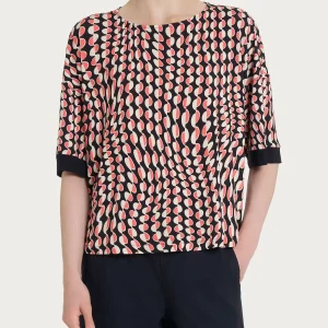 Maglietta girocollo con bordatura e waves pattern in Crêpe   - Fant.Nero