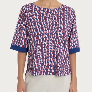 Maglietta girocollo con bordatura e waves pattern in Crêpe   - Fant. Blueberry