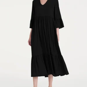 Abito lungo con balze in Ecoseta - Nero