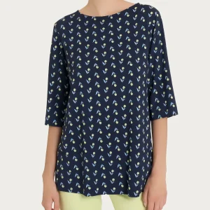 Maglietta con ampio girocollo e tulips pattern in jersey di viscosa Crêpe - Fant.Bleu