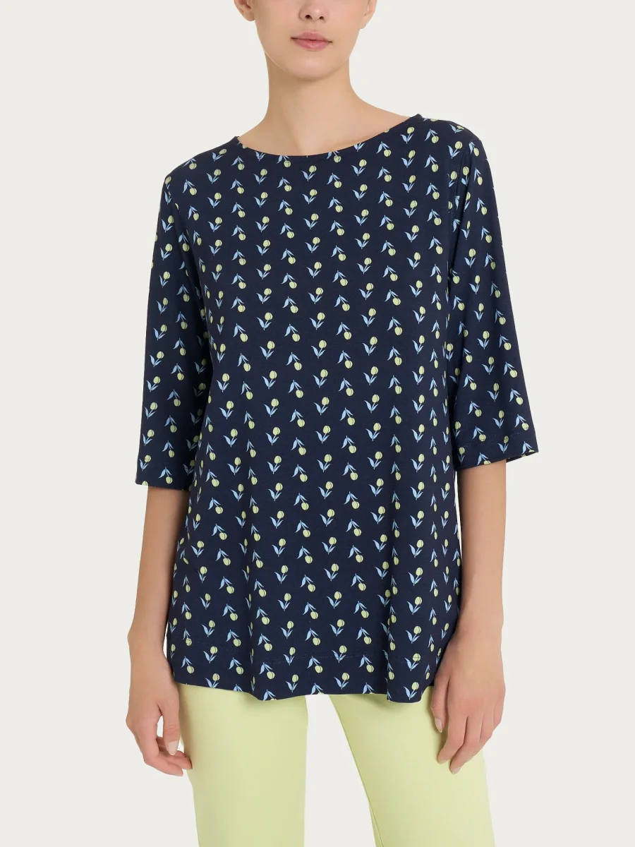 Maglietta con ampio girocollo e tulips pattern in jersey di viscosa Crêpe - Fant.Bleu - immagine 2