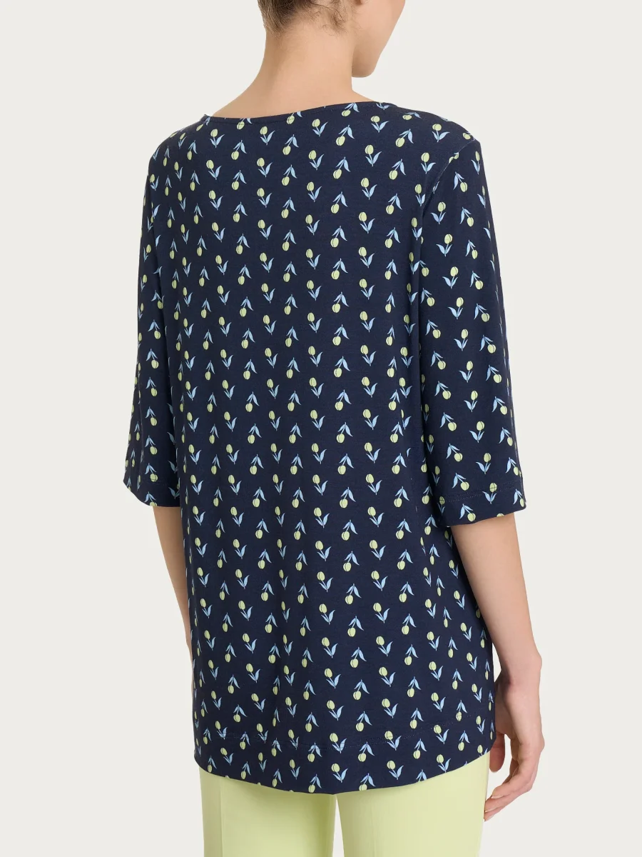 Maglietta con ampio girocollo e tulips pattern in jersey di viscosa Crêpe - Fant.Bleu - immagine 3