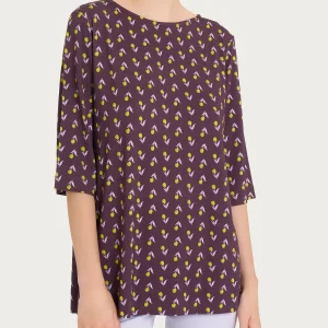 Maglietta con ampio girocollo e tulips pattern in jersey di viscosa Crêpe - Fant. Plum Perfect