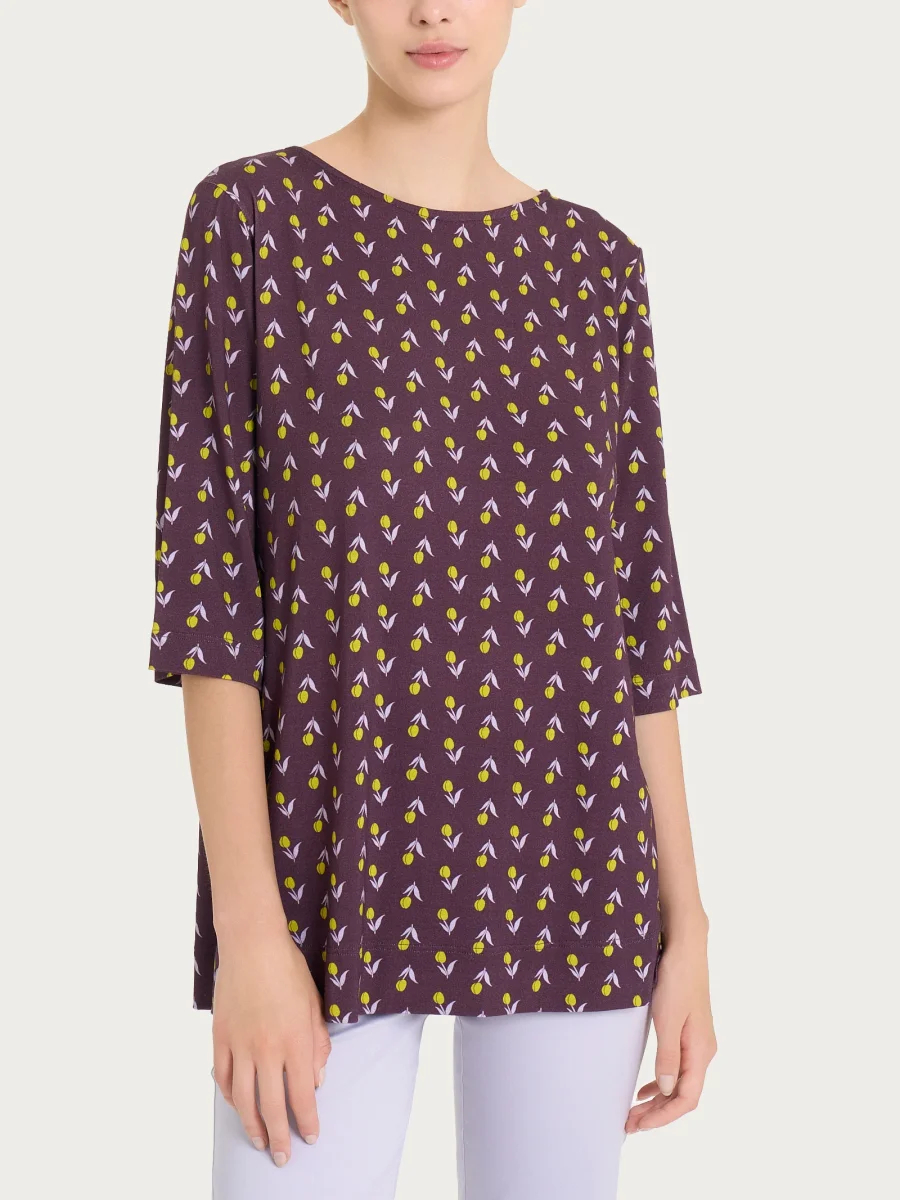 Maglietta con ampio girocollo e tulips pattern in jersey di viscosa Crêpe - Fant. Plum Perfect