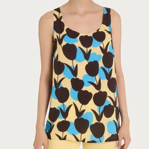 Top smanicato con macro tulips pattern in Ecoseta - Fant. Azure Blue