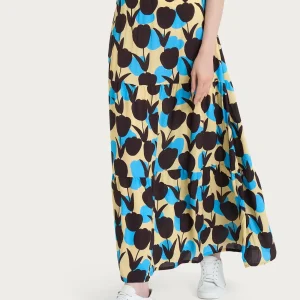 Gonna lunga con macro tulips pattern in Ecoseta - Fant. Azure Blue