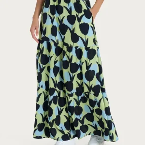 Gonna lunga con macro tulips pattern in Ecoseta - Fant. Shadow Lime