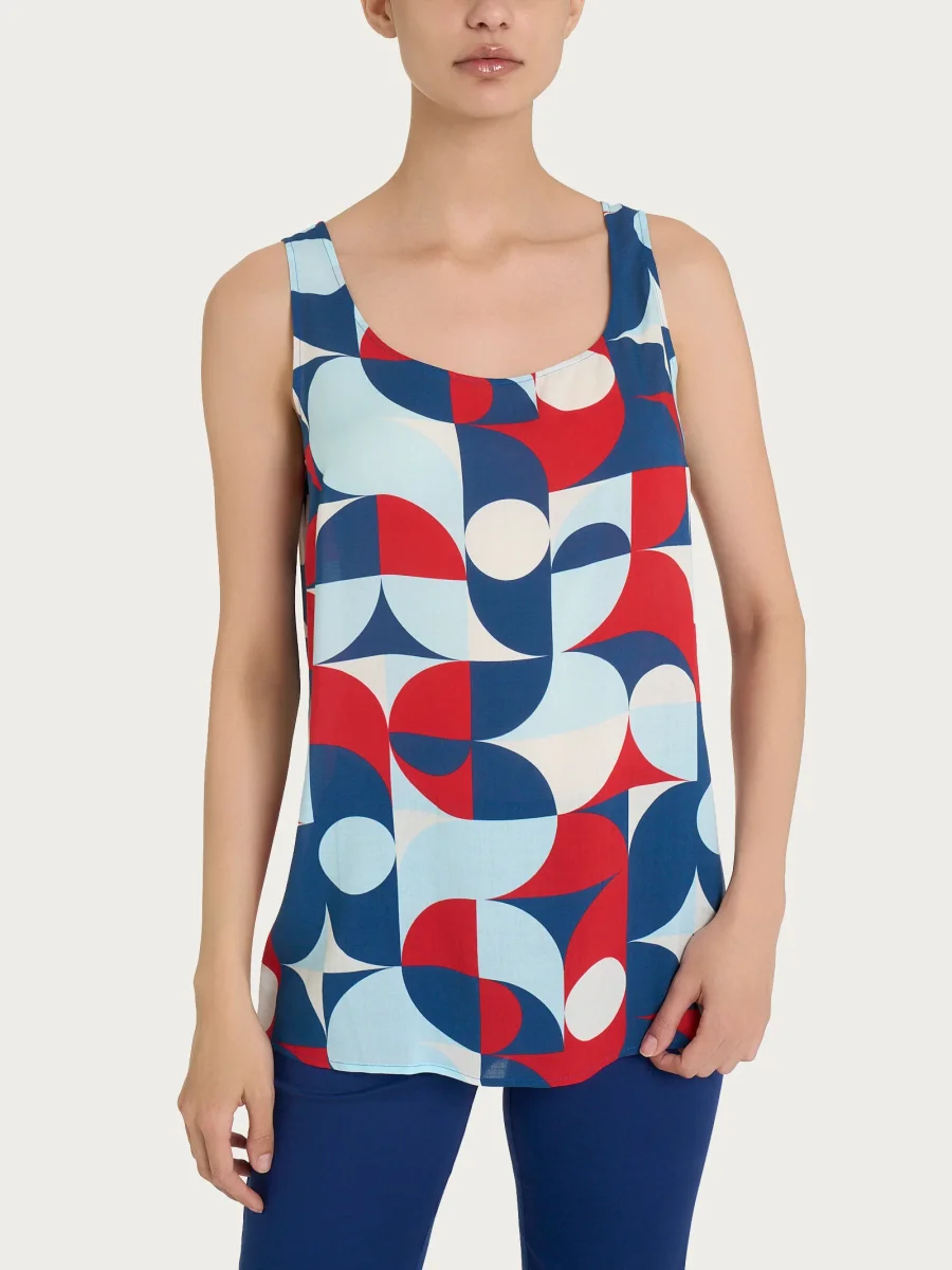 Top smanicato con geometric pattern in Ecoseta - Fant. Blueberry - immagine 2