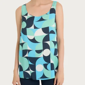 Top smanicato con geometric pattern in Ecoseta - Fant. Pool Blue