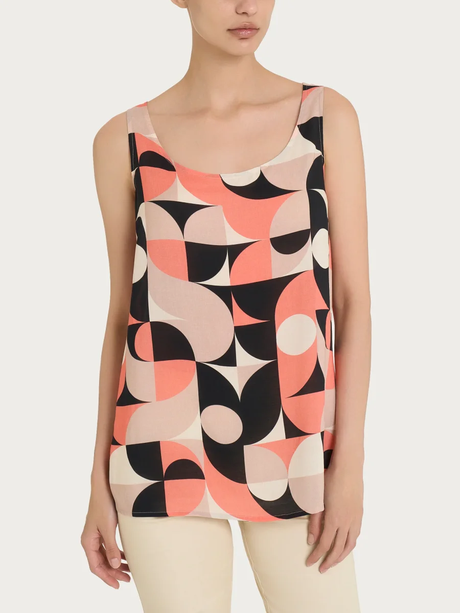 Top smanicato con geometric pattern in Ecoseta - Fant. Warm Taupe