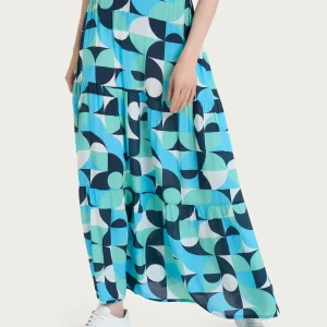 Gonna lunga con geometric pattern in Ecoseta - Fant. Pool Blue
