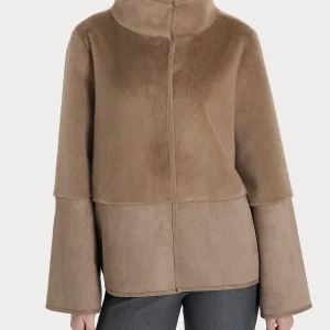 Giacca corta con collo alto double-face in Vegan Shearling  - Pine Bark