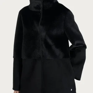 Giacca lunga con collo alto double-face in Vegan Shearling  - Nero