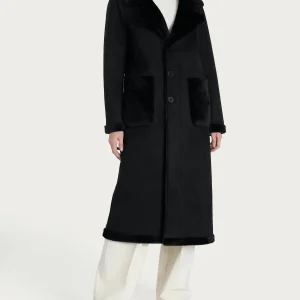 Cappotto lungo con revers double-face in Vegan Shearling - Nero