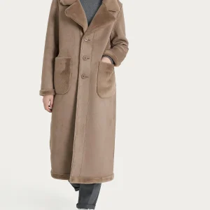 Cappotto lungo con revers double-face in Vegan Shearling - Pine Bark