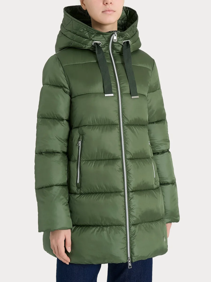 Piumino lungo con cappuccio in Vegan Down - Bronze Green