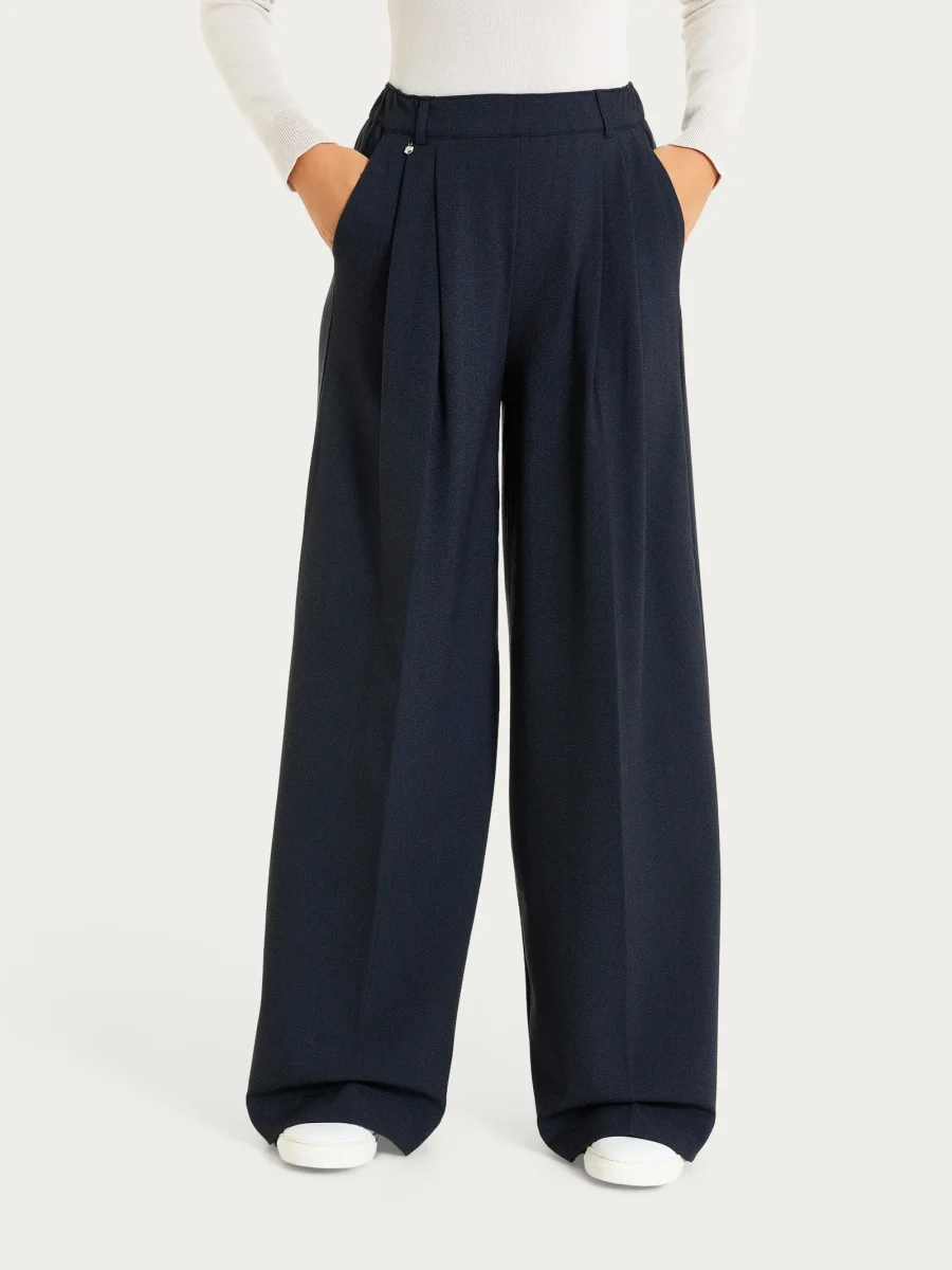 Pantalone a palazzo con tasche e pinces in Flannel Twill - Bleu Mel.