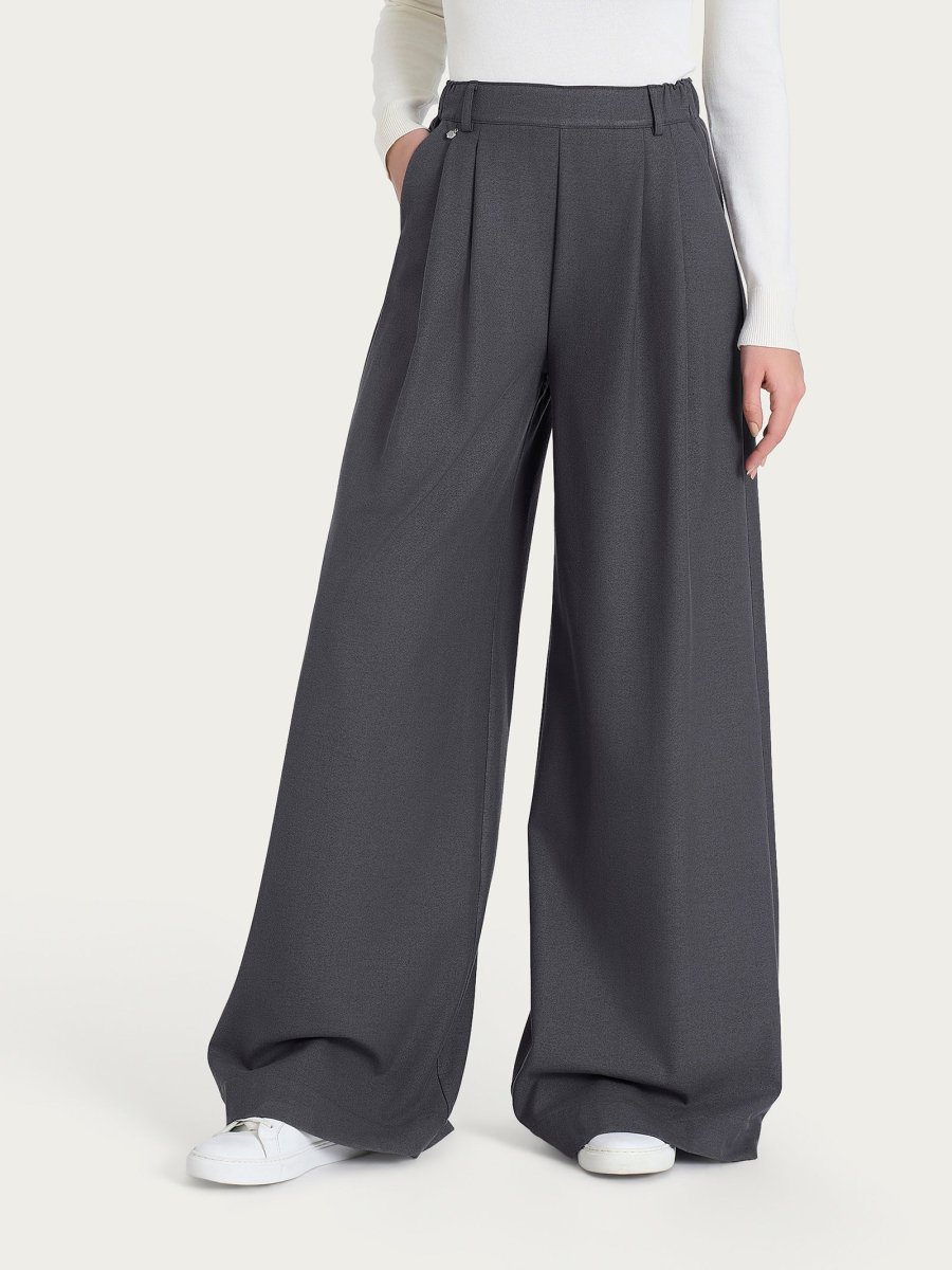 Pantalone a palazzo con tasche e pinces in Flannel Twill - Ardesia Mel.