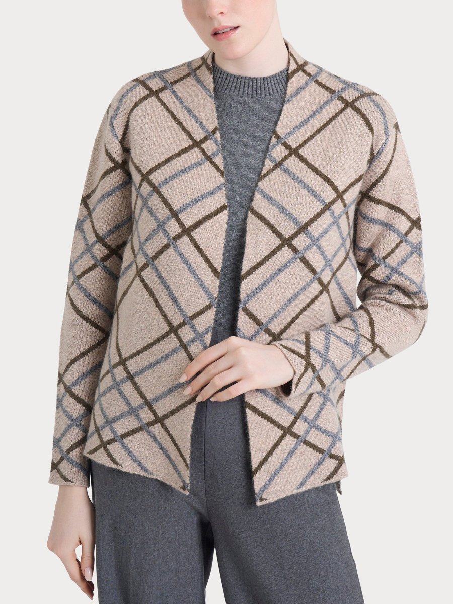 Cardigan aperto con fantasia check in Natural Soft - Fant.Zenzero Mel.