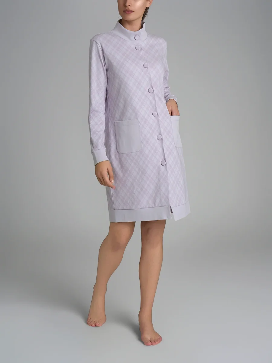 Vestaglia tartan aperta con collo alto in Interlock di cotone - Fant. Lavender Blue