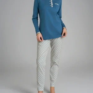 Pigiama a serafino con rouches in Interlock di cotone - Fant. Real Teal Tartan