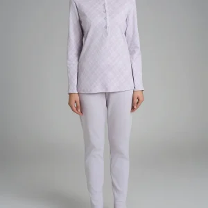 Pigiama a serafino con pizzo in Interlock di cotone 40-54 - Fant. Lavender Blue