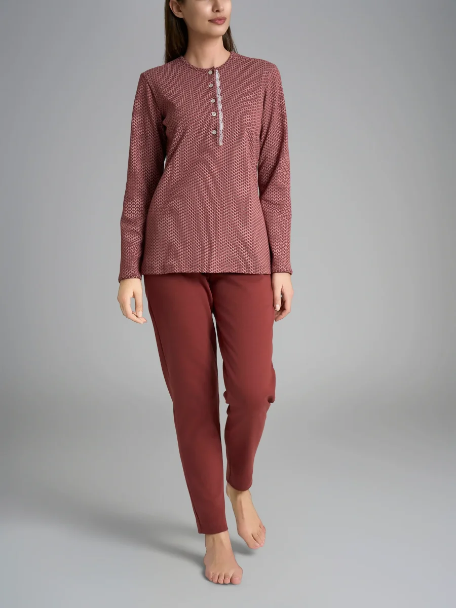 Pigiama a serafino con pizzo in Interlock di cotone 40-54 - Fant. Henna Micro Cravatier