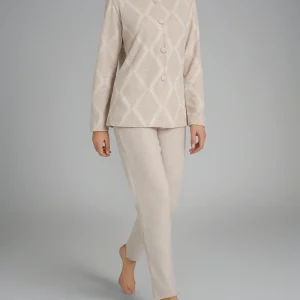 Pigiama aperto con fantasia in Cotton Eco Pile - Fant.Panna