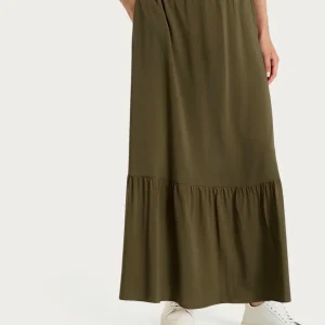 Gonna lunga a balze in Voile Stretch - Dark Olive