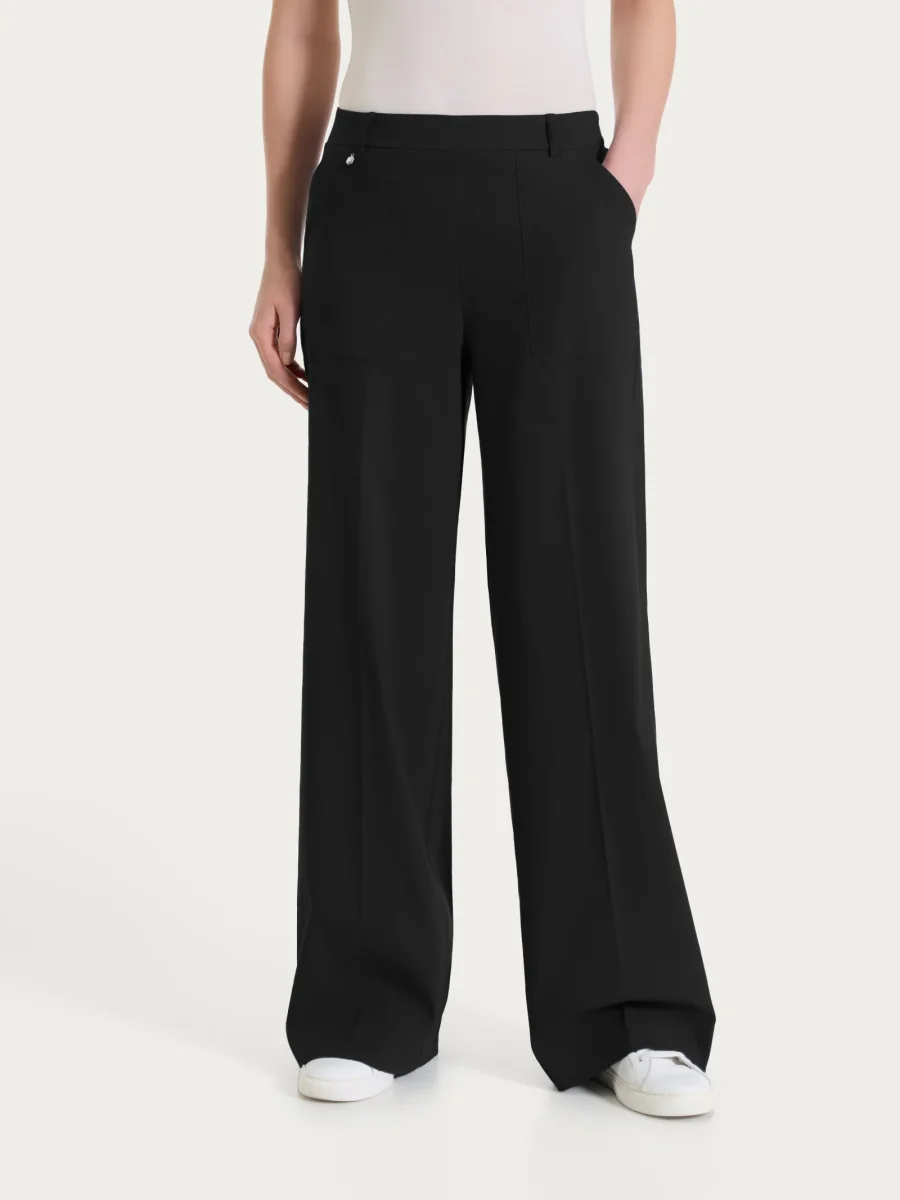 Pantalone a palazzo con tasche in Linen Super Fresh - Nero - immagine 2
