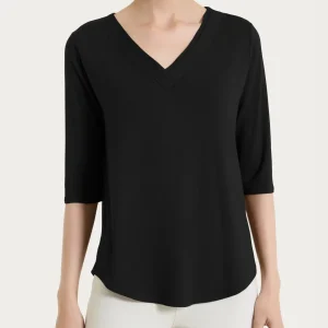 Maglietta con scollo a V incrociato e manica 3/4 in Viscosa Summer - Nero