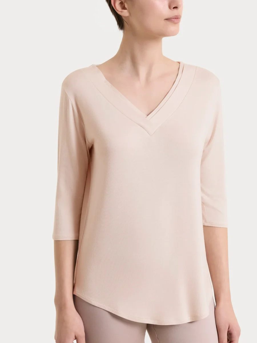 Maglietta con scollo a V incrociato e manica 3/4 in Viscosa Summer - Cameo Rose
