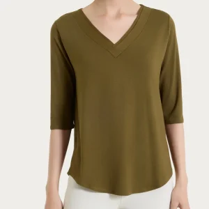 Maglietta con scollo a V incrociato e manica 3/4 in Viscosa Summer - Dark Olive