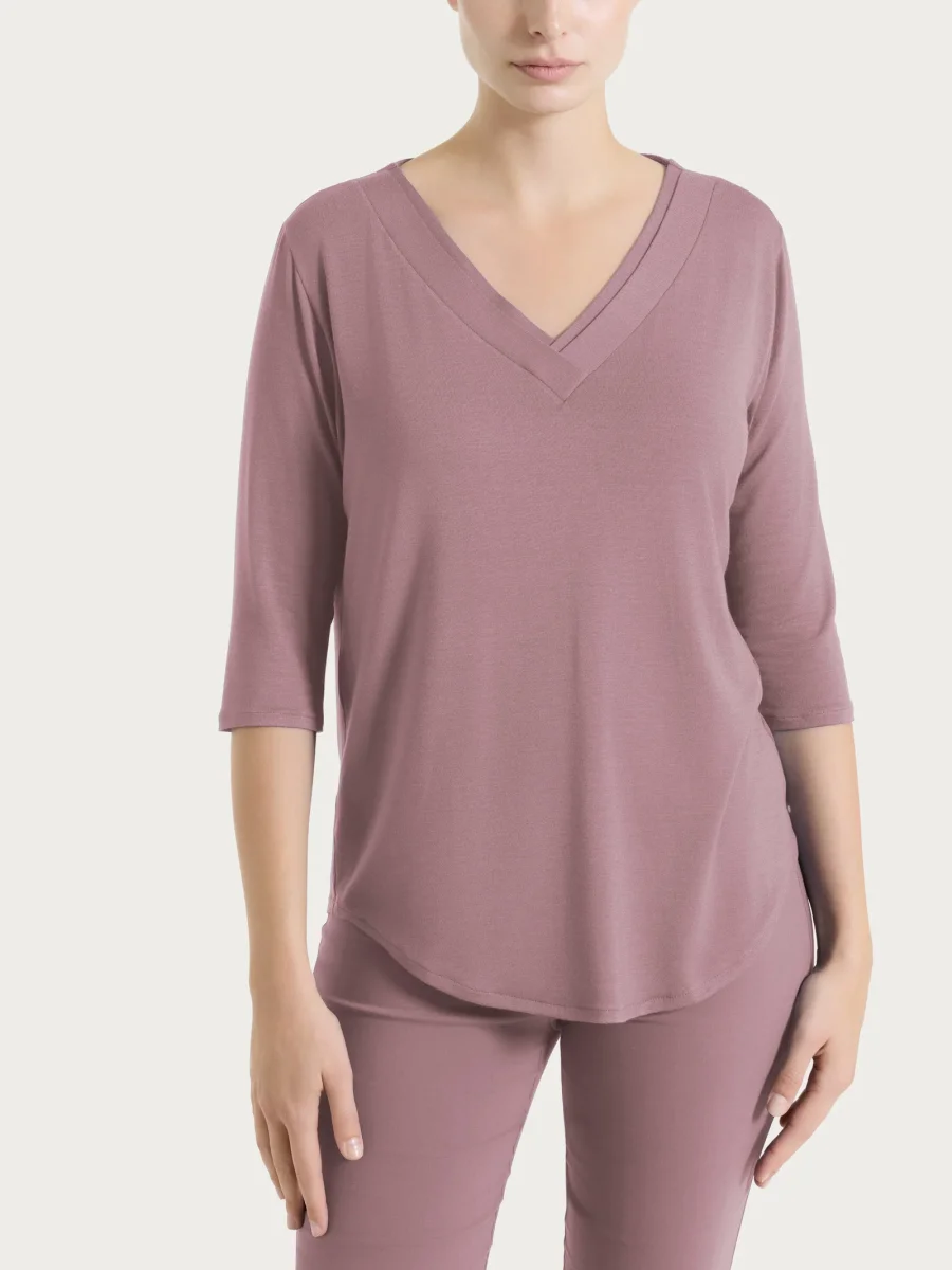 Maglietta con scollo a V incrociato e manica 3/4 in Viscosa Summer - Twilight Mauve - immagine 2