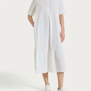 Abito lungo con collo a camicia in Poplin di Cotone - Bianco