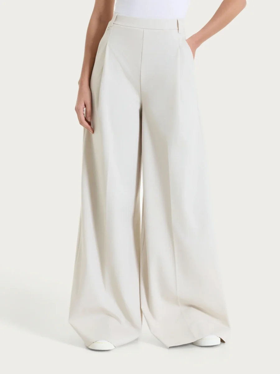 Pantalone lungo a palazzo con tasche e pinces in Compact Light - Champignon