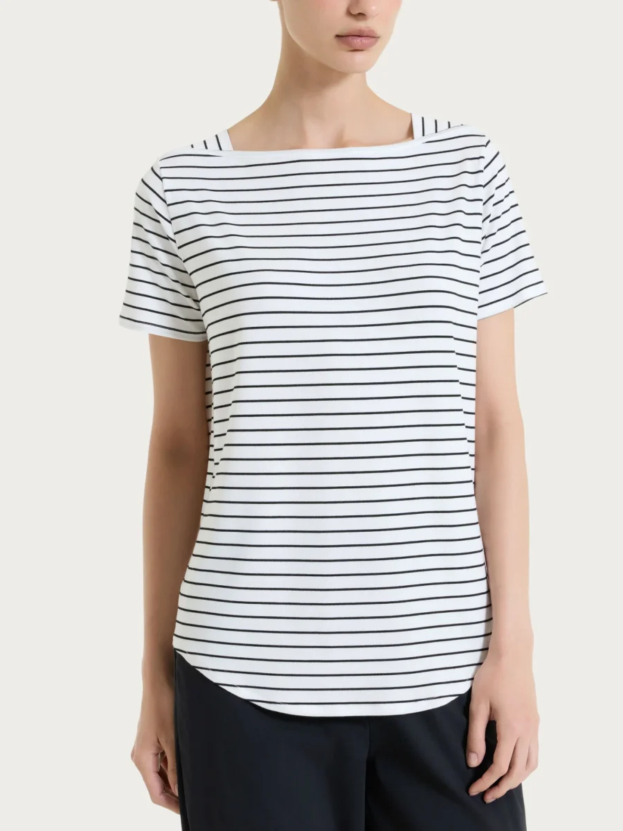 Maglietta a righe con collo a barchetta in Summer Light Piquet - Fant.Bianco