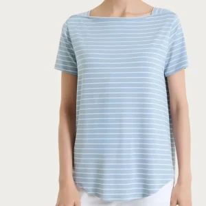 Maglietta a righe con collo a barchetta in Summer Light Piquet - Fant. Dusty Blue