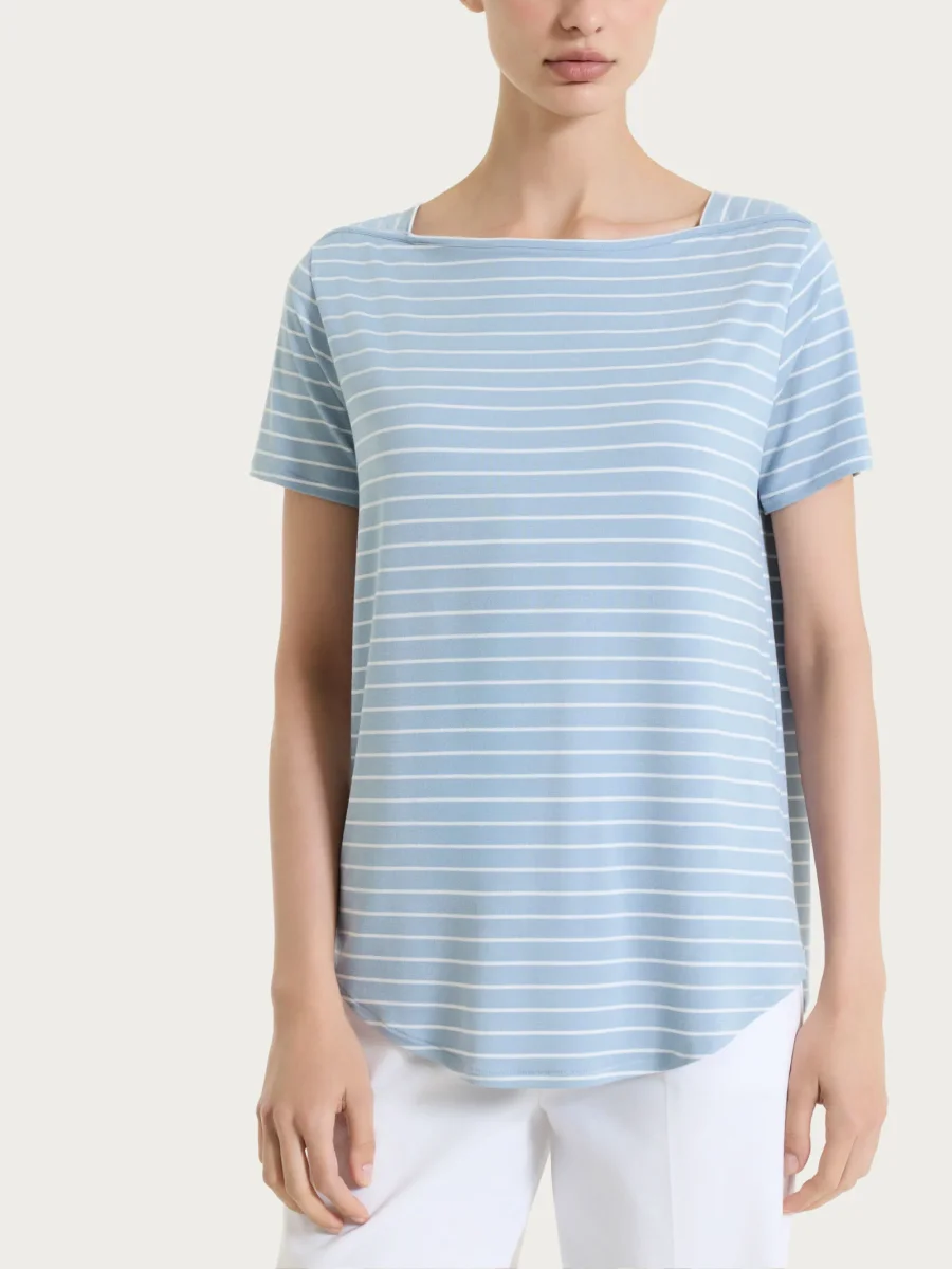 Maglietta a righe con collo a barchetta in Summer Light Piquet - Fant. Dusty Blue