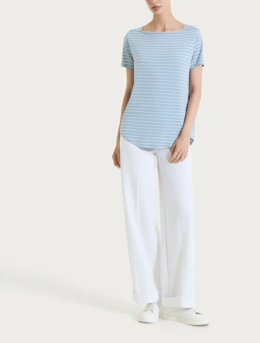 Maglietta a righe con collo a barchetta in Summer Light Piquet - Fant. Dusty Blue - immagine 6