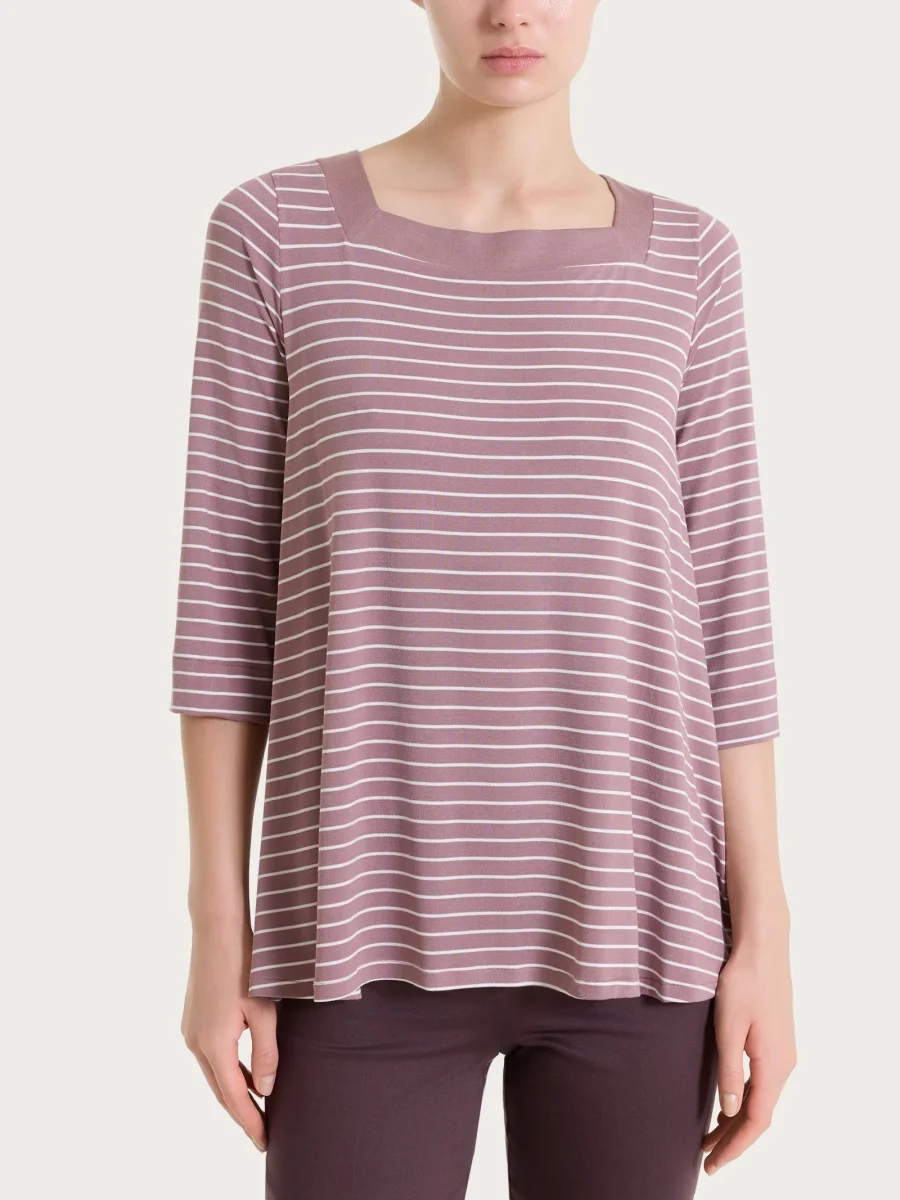 Maglietta a righe con collo squadrato in Summer Light Piquet - Fant. Twilight Mauve