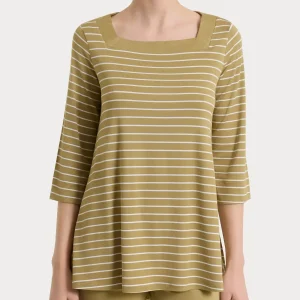 Maglietta a righe con collo squadrato in Summer Light Piquet - Fant. Khaki